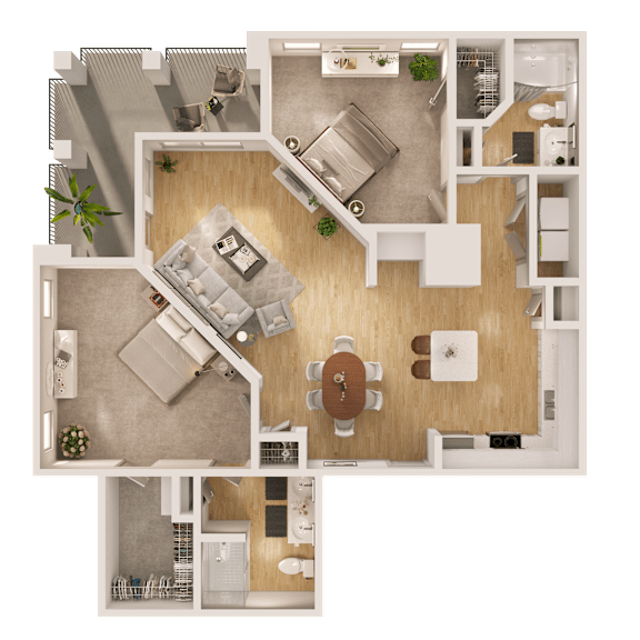 A top-down view of a house layout with a kitchen, living room, and bathroom.