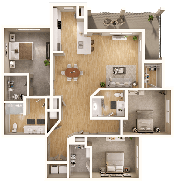 A 3D floor plan of a house showing a kitchen, living room, dining room, and bedrooms.