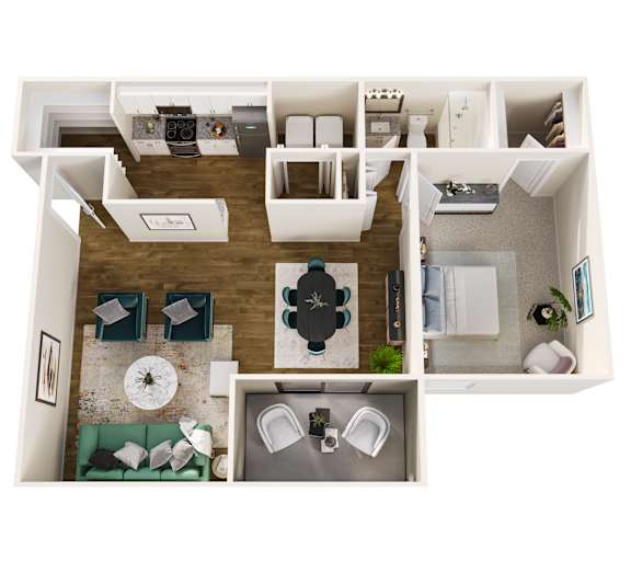 A top down view of a modern apartment with a living room, kitchen, and bathroom.
