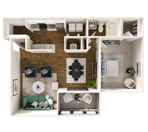 A top down view of a living room, kitchen, and bedroom in a small apartment.