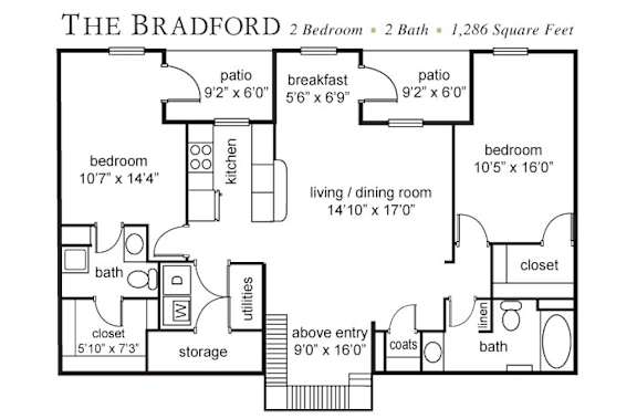 A floor plan of a two bedroom apartment with a total area of 1,286 square feet.