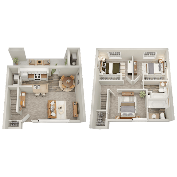 Two floor plan images of a house with a living room, kitchen, and bedrooms.