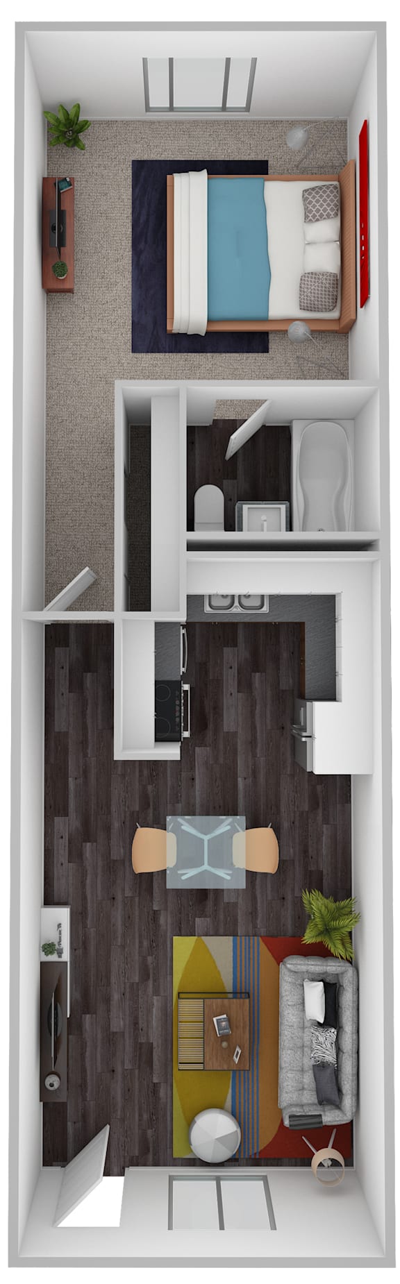 A bedroom with a bed and a wardrobe.