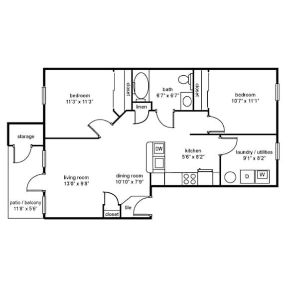 A floor plan of a house with a living room, dining room, kitchen, two bedrooms, a bathroom, a closet, and storage.