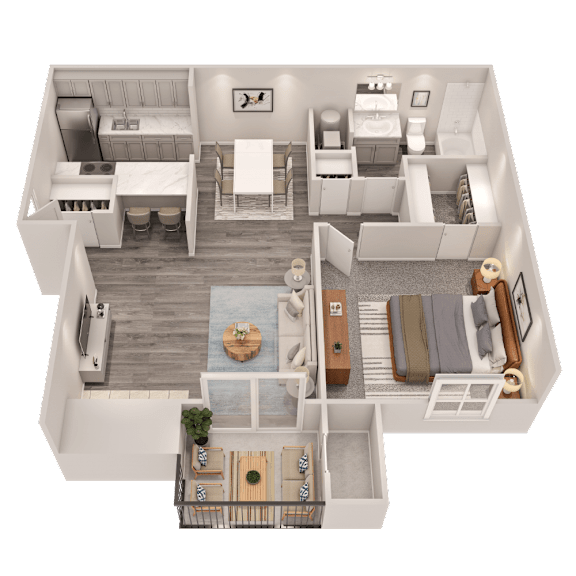 A 3D floor plan of a small apartment with a kitchen, living room, and bedroom.