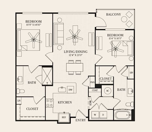 A black and white floor plan of a house with two bedrooms, a living/dining area, a kitchen, two bathrooms, and a closet.