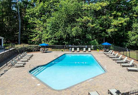 A large outdoor swimming pool surrounded by sun loungers and trees.