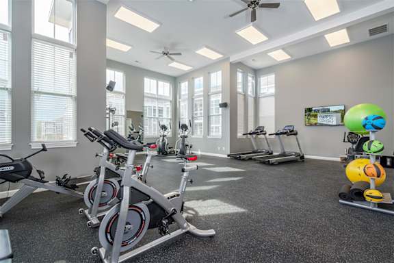 A gym with a row of stationary bikes and a treadmill.