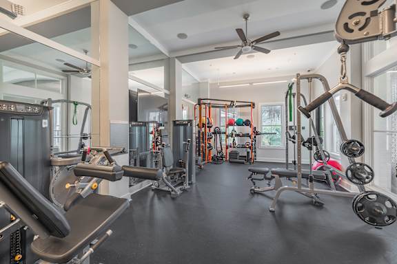 A gym with a variety of equipment including a treadmill, weights, and a bench press.