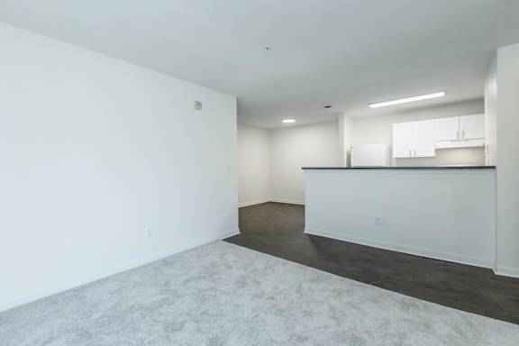 A large empty room with white walls and a grey carpet.