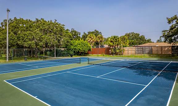 A tennis court surrounded by trees and a fence.