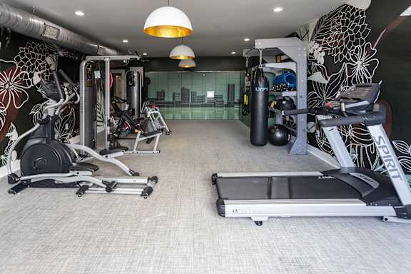 a large fitness room with treadmills and other exercise equipment