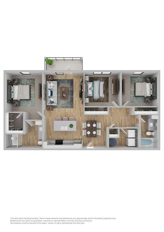 A floor plan of a furnished apartment with a kitchen, living room, and three bedrooms.