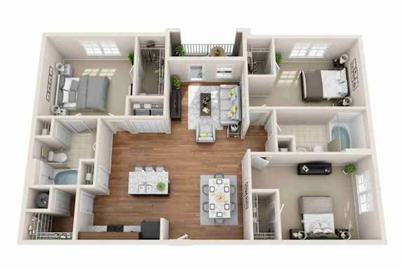 A 3D floor plan of a house with a kitchen, living room, and bedrooms.