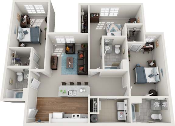 A 3D floor plan of a house with multiple rooms.