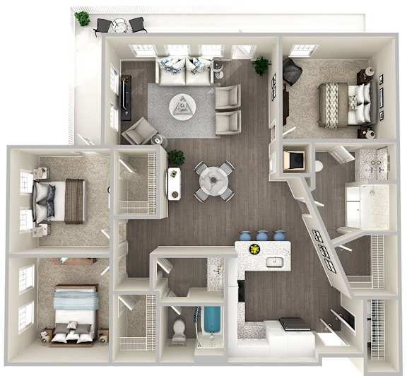 A 3D floor plan of a house with a living room, kitchen, and bedrooms.