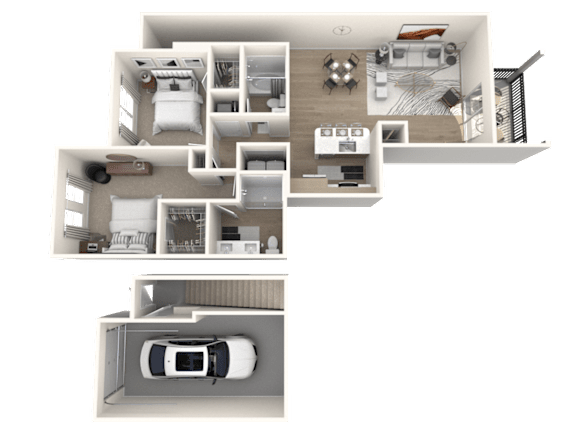 Floor Plan  A 3D floor plan of a house with a car garage