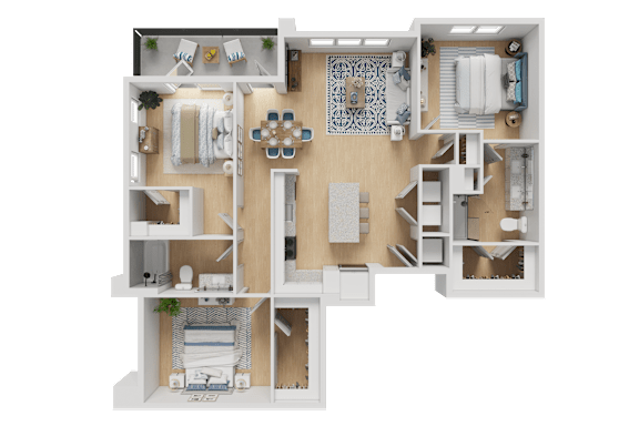 A 3D floor plan of a house with a kitchen, living room, and bathroom.