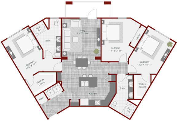 A floor plan of a house showing a living room, two bedrooms, a bathroom, a kitchen, a foyer, and a patio.
