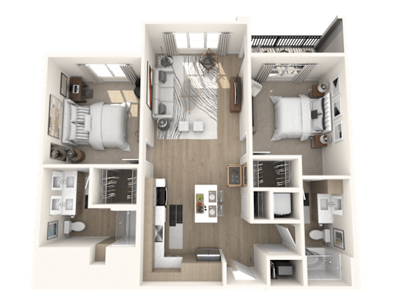 A 3D floor plan of a house showing a kitchen, living room, and two bedrooms