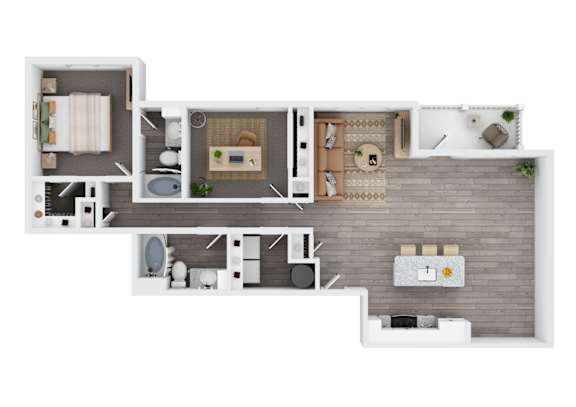A top-down view of a modern apartment layout.