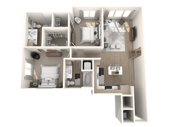 Floor Plan  A 3D floor plan of a house showing a kitchen, living room, two bedrooms, a bathroom, and a garage