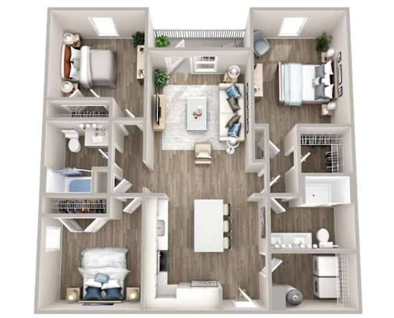 A 3D floor plan of a small apartment with a kitchen, living room, and bedrooms.