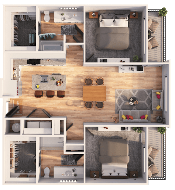 A top-down view of a house layout with a living room, kitchen, and bedrooms.