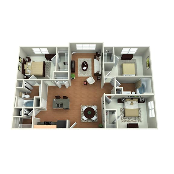 A 3D floor plan of a house with a kitchen, living room, and bedrooms.