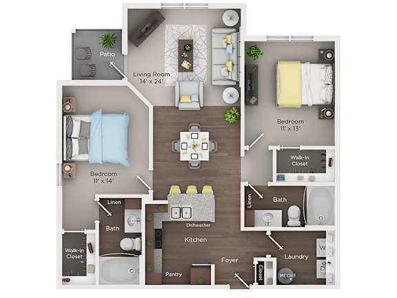A floor plan of a small apartment with a living room, two bedrooms, a kitchen, a laundry area, and a patio.