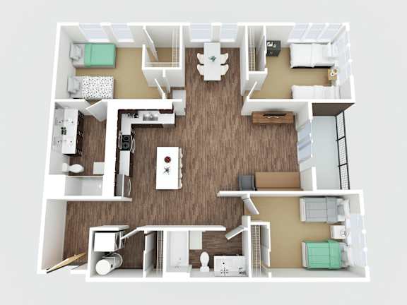 A top-down view of a small apartment with a kitchen, living room, and bedroom.