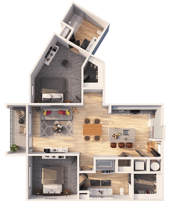 A detailed 3D floor plan of a two-story house with labeled rooms.
