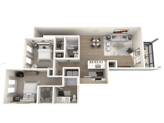 Floor Plan  A 3D floor plan of a house with a kitchen, living room, and two bedrooms