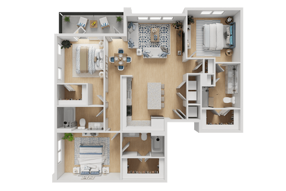 A detailed 3D floor plan of a small apartment layout.