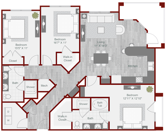 A floor plan of a small apartment with a living room, two bedrooms, a kitchen, and a bathroom.