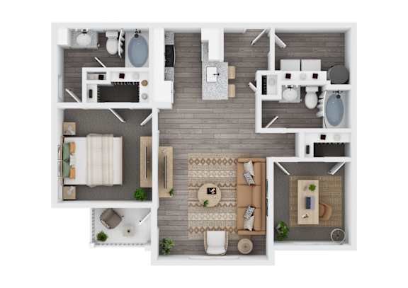 A top-down view of a house layout with a kitchen, living room, dining area, and bathrooms.