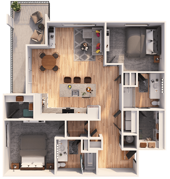 A top-down view of a house layout with a living room, kitchen, dining area, and bedrooms.