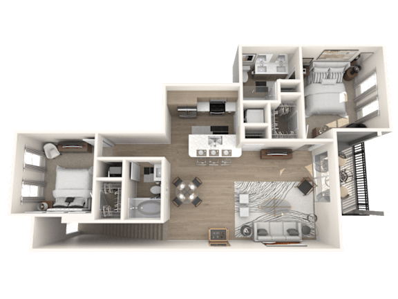 A detailed 3D floor plan of a house layout