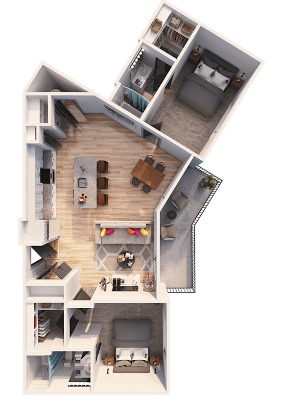 A 3D floor plan of a house showing a living room, kitchen, and two bedrooms.