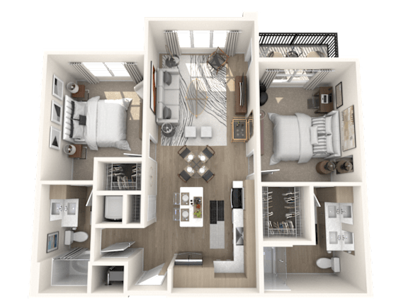 A 3D floor plan of a house showing the layout of the rooms