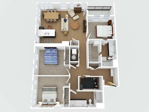 A top-down view of a small apartment with a living room, kitchen, and bedroom.