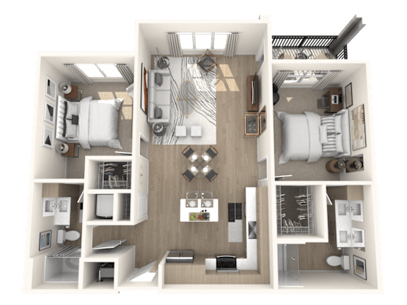 Floor Plan  A 3D floor plan of a small apartment with a kitchen, living room, and bedroom