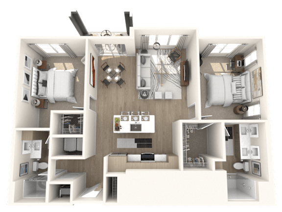 Floor Plan  A 3D rendered image of a modern, minimalist house layout