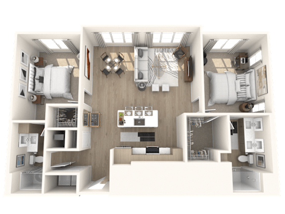A top-down view of a modern apartment layout