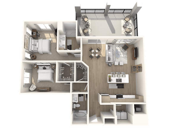 Floor Plan  A 3D floor plan of a house showing a kitchen, living room, dining room, and bedrooms