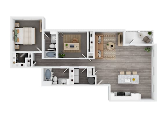A top-down view of a modern apartment layout.
