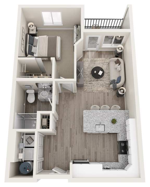 A top down view of a small apartment with a bedroom, living room, and kitchen.