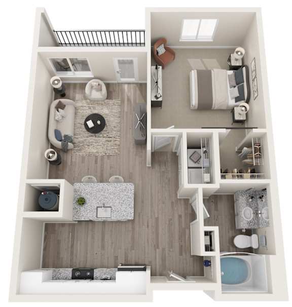 A top-down view of a small apartment with a kitchen, living room, and bathroom.