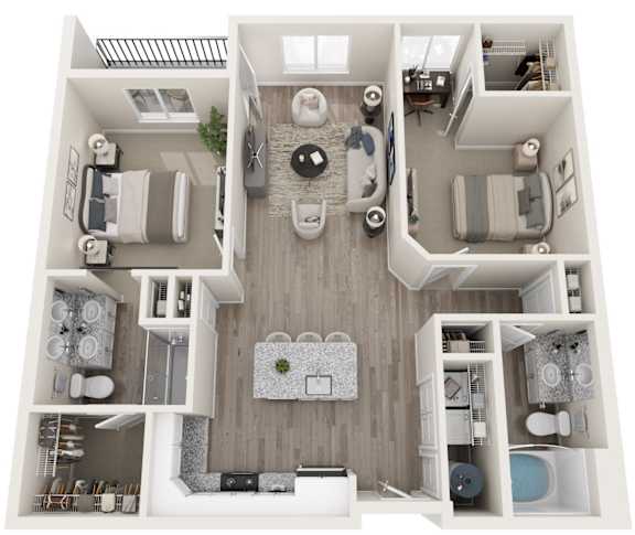 A top-down view of a small apartment with a kitchen, living room, and bathroom.