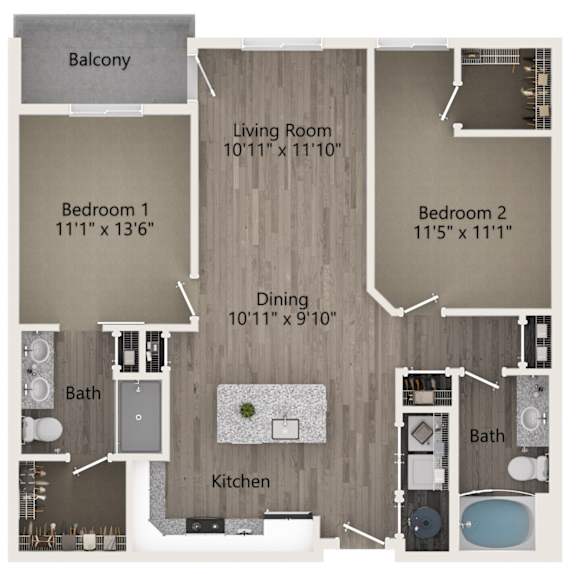 A floor plan of a home showing a living room, two bedrooms, a dining area, a kitchen, and two bathrooms.
